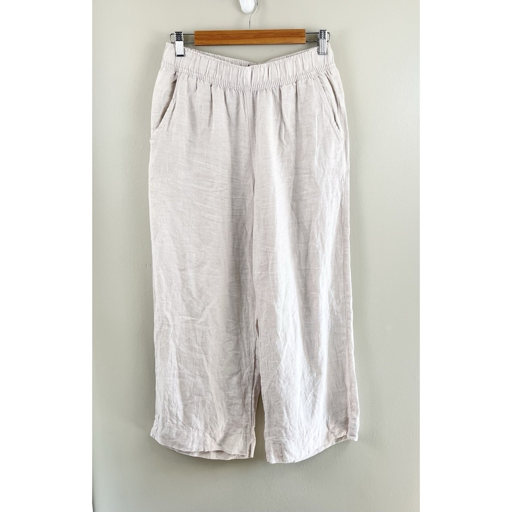 Tahari Linen Wide Leg Crop Pants Beige Pull On Pockets Coastal Beach Sz Small